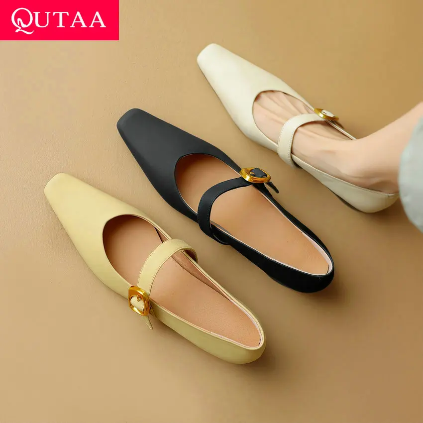 

QUTAA 2024 Women Mary Jane Genuine Leather Flats Shoes Woman Square Toe Buckles Flat Heel Shoes Soft Leather Size 34-40