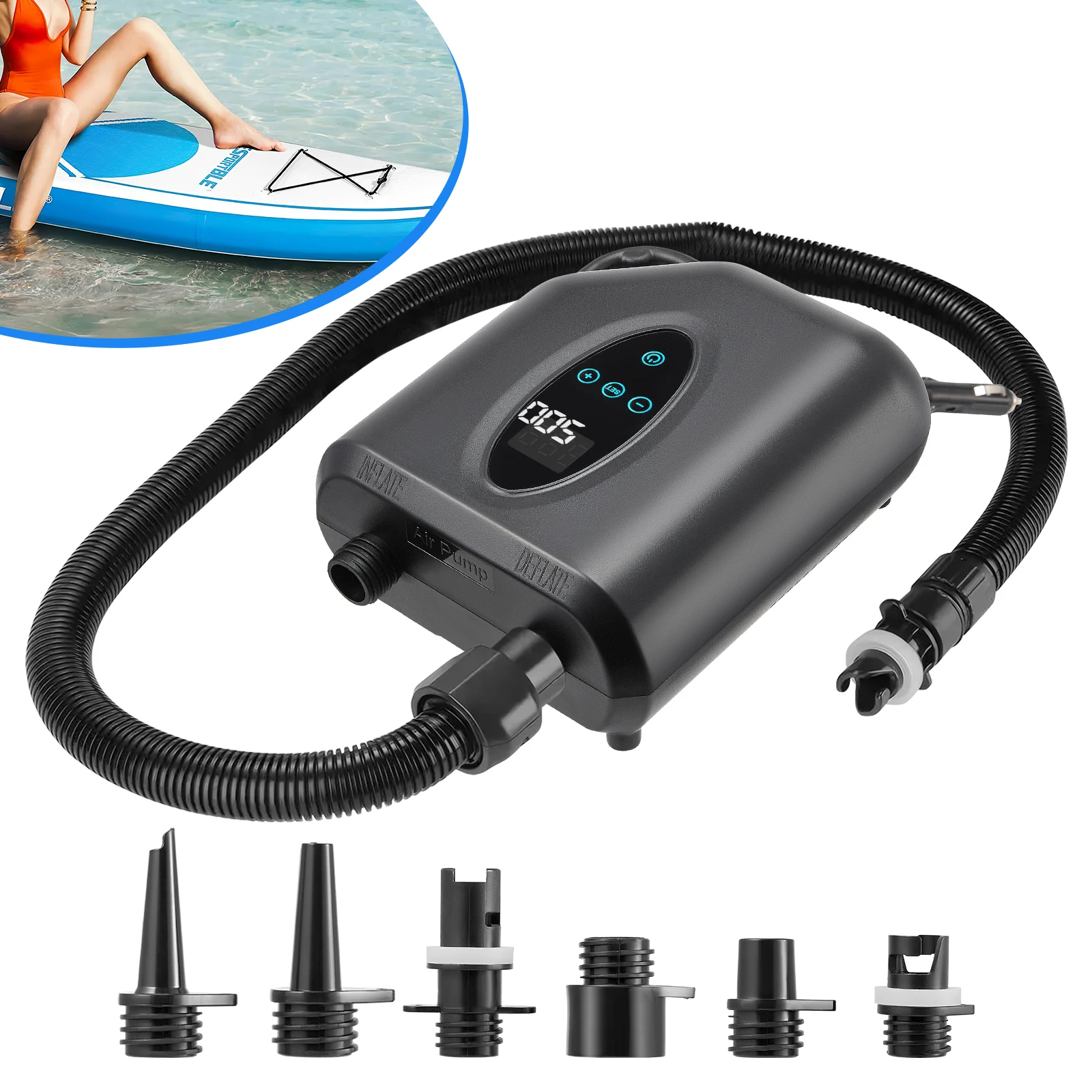 20PSI Rechargeable Electric SUP Pump High Pressure Inflatable Pump with 6 Nozzles for Kayaks Paddleboards Outdoor Use