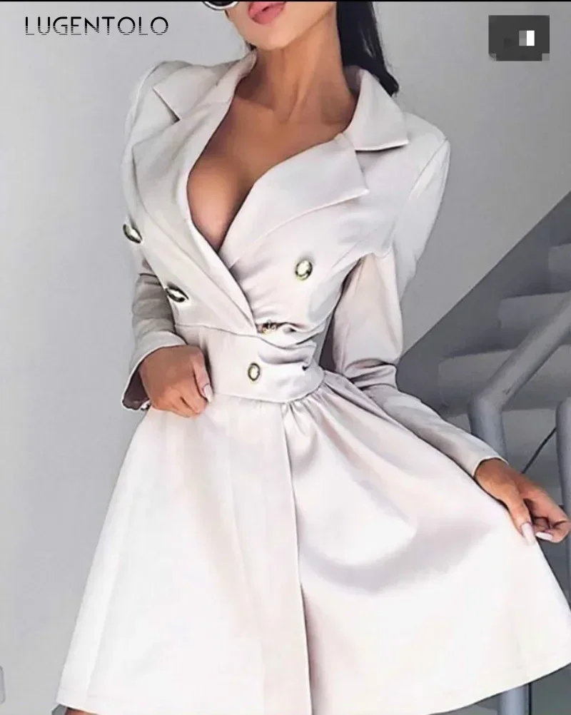 Women Sexy Fashion Trench New Double Breasted Solid Big Swing Lady Elegant Casual Slim Spring Autumn Short Coats