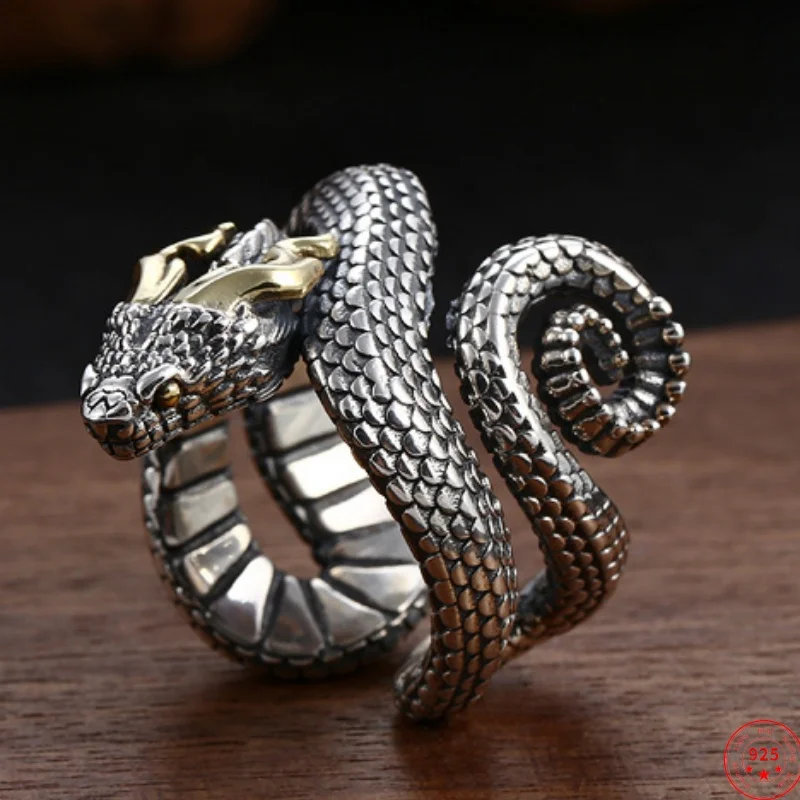 

Genuine S925 Sterling Silver Rings for Men New Fashion Vintage Creative Dragon Snake Punk Domineering Jewelry Wholesale