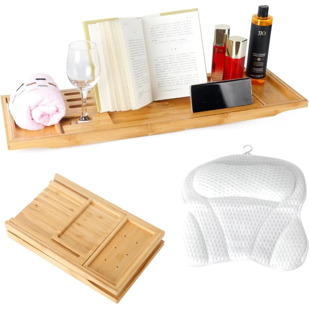 Expandable Bathtub Tray with Pillow, Foldable Bath Caddy for Relaxation, Luxury Spa Accessories