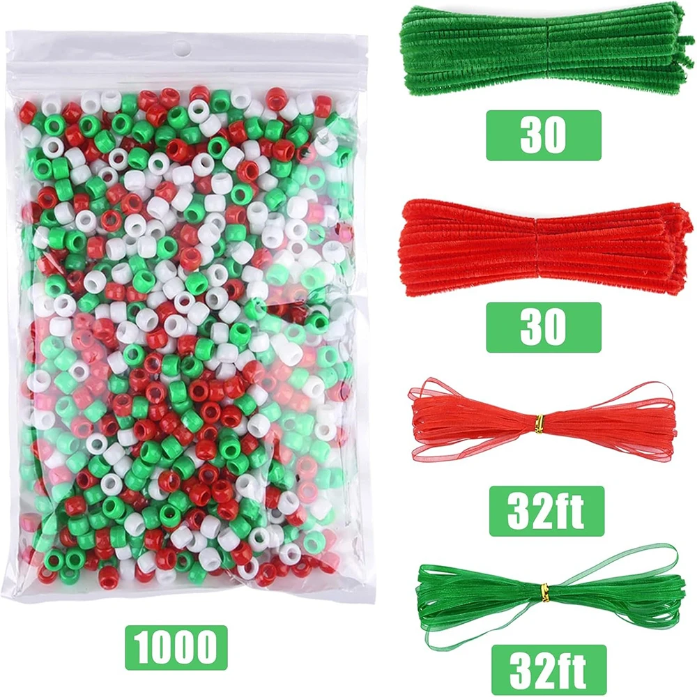 1000Pcs Christmas Beaded Kit Red Green White Plastic Beads With Chenille And Stems Ribbon for Xmas Craft Decor DIY Crafts Kit