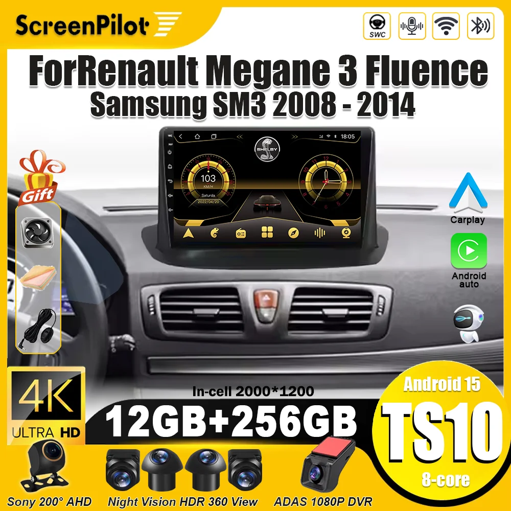 Android 16 For Renault Megane 3 Fluence Samsung SM3 2008-2014 Car Radio Multimedia Video Player Carplay Touch Screen Wifi 5G RDS