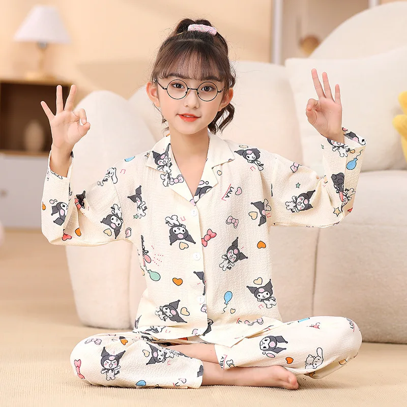 Sanrio Girls' Pajamas and Pajamas Spring and Autumn New Cotton Long-Sleeved Cute Set Home Clothes Cartoon Kuromi My Melody