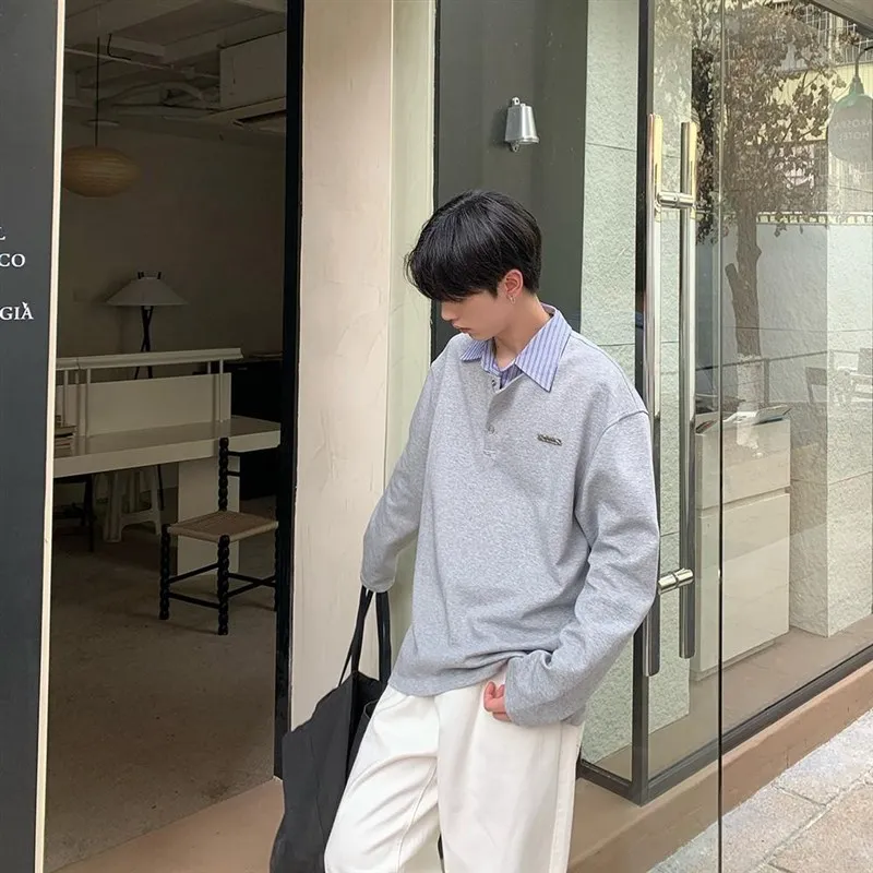 

Американский ретро-свитшот в полоску свободного кроя с воротником-поло для мужчин, весенне-осенний, универсальный, повседневный, в полоску