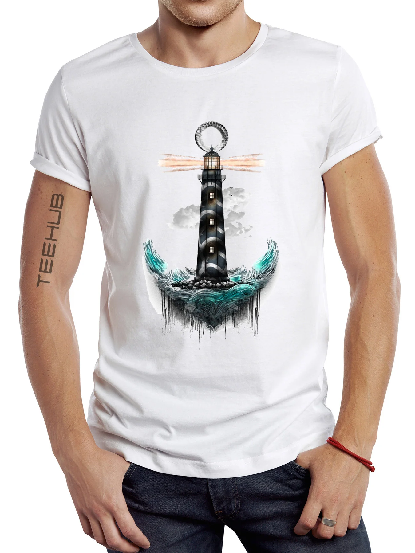 2024 Newest Men's Funny Anchor Sea Lighthouse Printed Tee Short-Sleeve T-Shirt Tops For Spring Summer