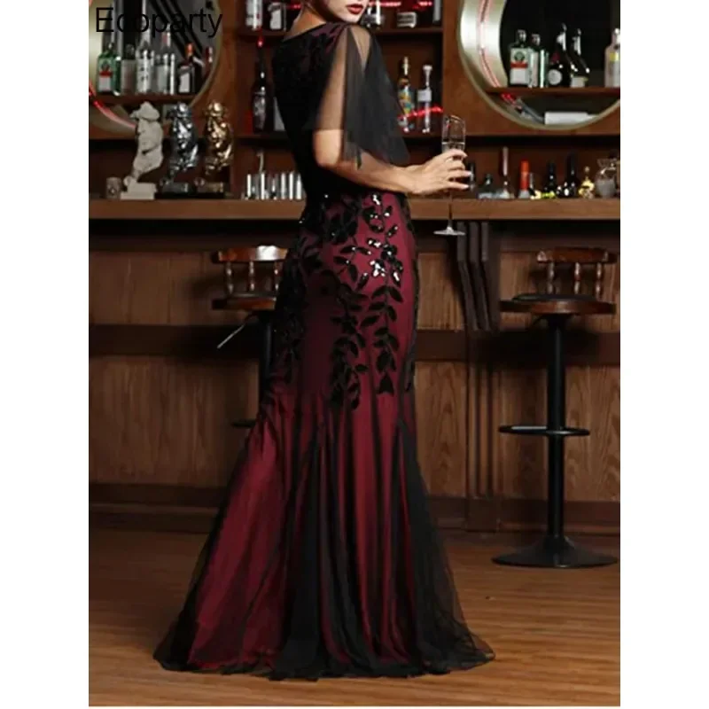 Women O-neck Tulle Embroider Evening Dress Elegant Mermaid Vintage 1920s Party Dress Great Gatsby Mesh Sequin Maxi Long Dress 35