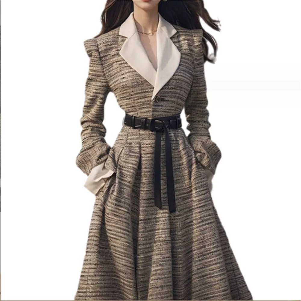 

women's trench coat lonf dress Lapel swinging elegant casaco longo feminino