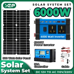 Solar System Kit Combination 6000W Inverter 30A Controller 300W Solar Panel 12V to 220V/110V Smart Charge & Discharge Camping