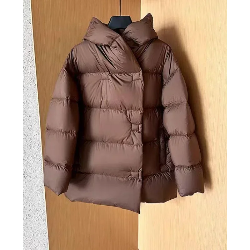 Jaqueta puffer de comprimento médio com capuz feminina, casacos de penas simples, parka solta casual, jaquetas monocromáticas, jaqueta quente à prova de vento, coreana