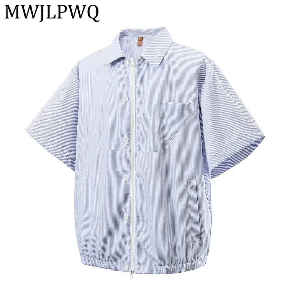 

MWJLPWQ Мужская рубашка с короткими рукавами в вертикальную полоску, летний стиль, свободный крой, карманы на пуговицах, двойная молния, повседневный дизайн, модель 14803