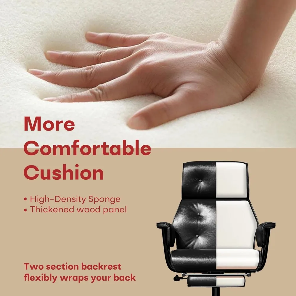 كرسي مكتب مستلق مع مسند للقدمين، كرسي مكتب كبير وطويل، مقعد عريض 400 رطل مع جلد، ظهر مرتفع مريح، زر #6