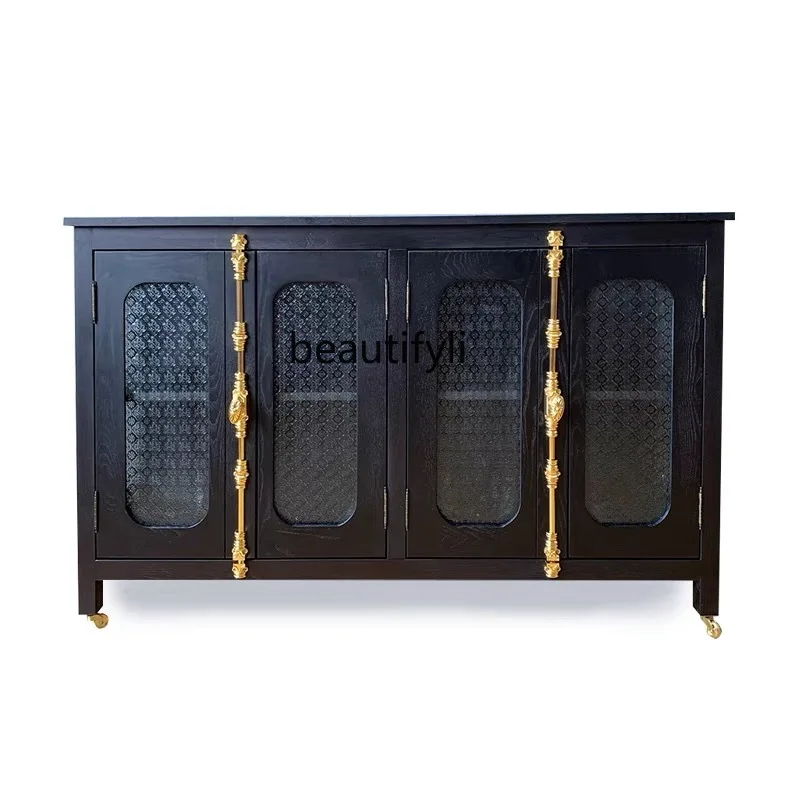 

French Retro Sideboard Cabinet American Solid Wood Storage Cabinet Mid-Ancient Glass Nordic Villa Storage Entrance Cabinet