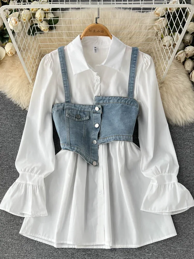 

Spring Autumn Cowboy Waistcoat Shirt Dress Female Elegant Flare Sleeve White Shirt Dress Waistcoat Women's Two-piece Set GD780