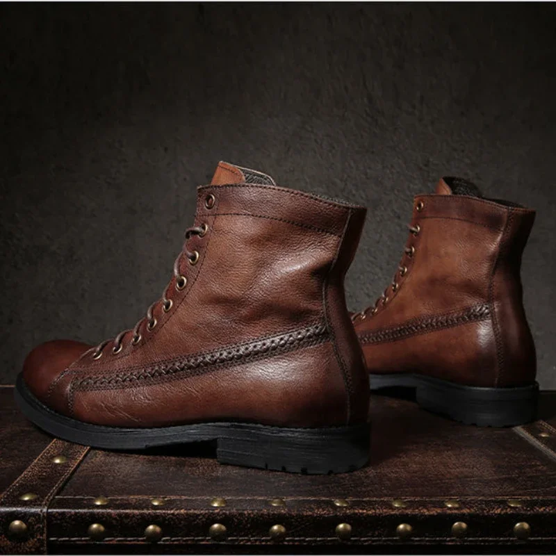 New Retro Men Boots Handmade Toe Polish Men Ankle Boots Casual Leather High-top Platform Shoes Motorcycle Booties Bota Masculina