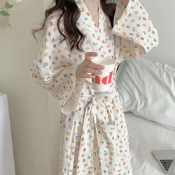 Robe Women Cotton Floral Long Sleeve Nightwear Shower Bathrobe Kimono Cute Sweet Women's Sleepwear Pajamas Dressing Gowns Robes