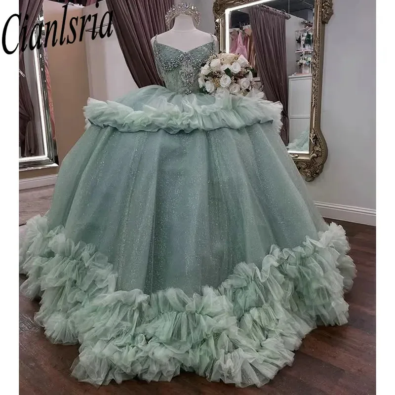 

Mint Green Spaghetti Straps Tulle Pleat Quinceanera Dresses Ball Gown Beading Crystal Sweet 15 Años Mexican Customized