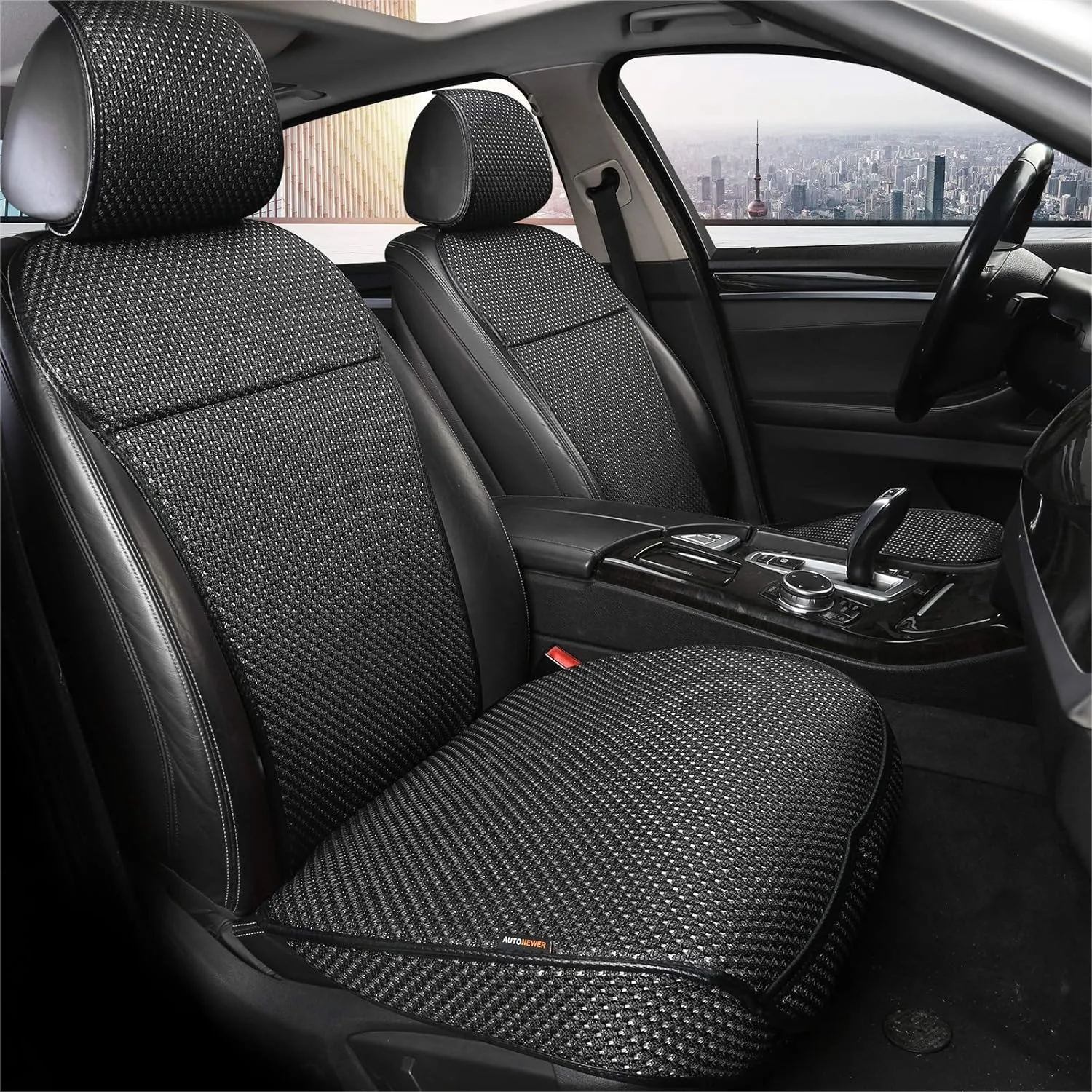 

Breathable Car Seat Cover, Universal Fit for 95% Cars SUVs, Luxury 3D Bright Silk, Full Wrapped Edge, 2PCS Black+Grey
