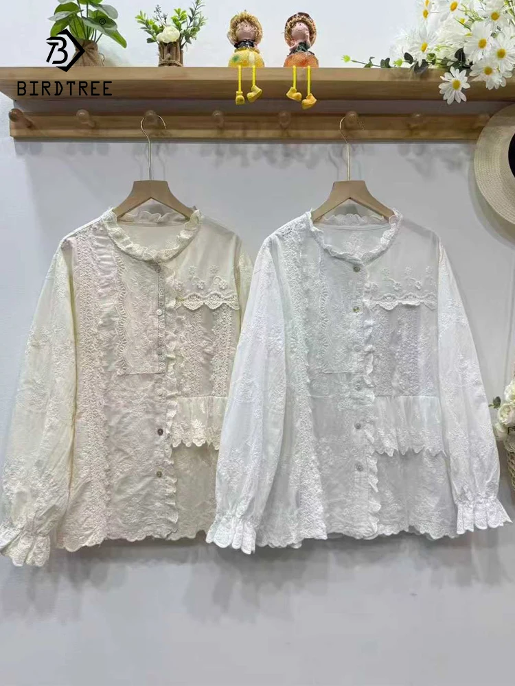 

Новая осенняя хлопковая рубашка с длинными рукавами 2025, женская кружевная рубашка с рюшами и вышивкой, свободная кукольная блузка Mori Girl French Age Reduction T5O522CC