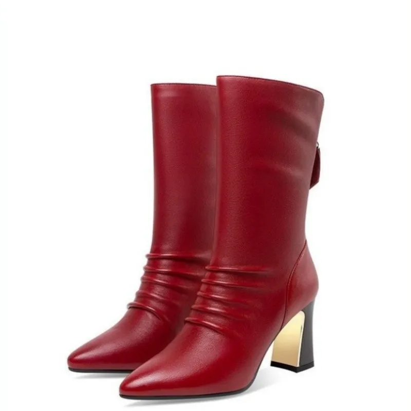 Mid Calf Shoes Woman Leather High Heels Big Red Elegant Heeled Pointed Toe Half Boots Women Demi-season Sale Designer Luxury Y2k image 6