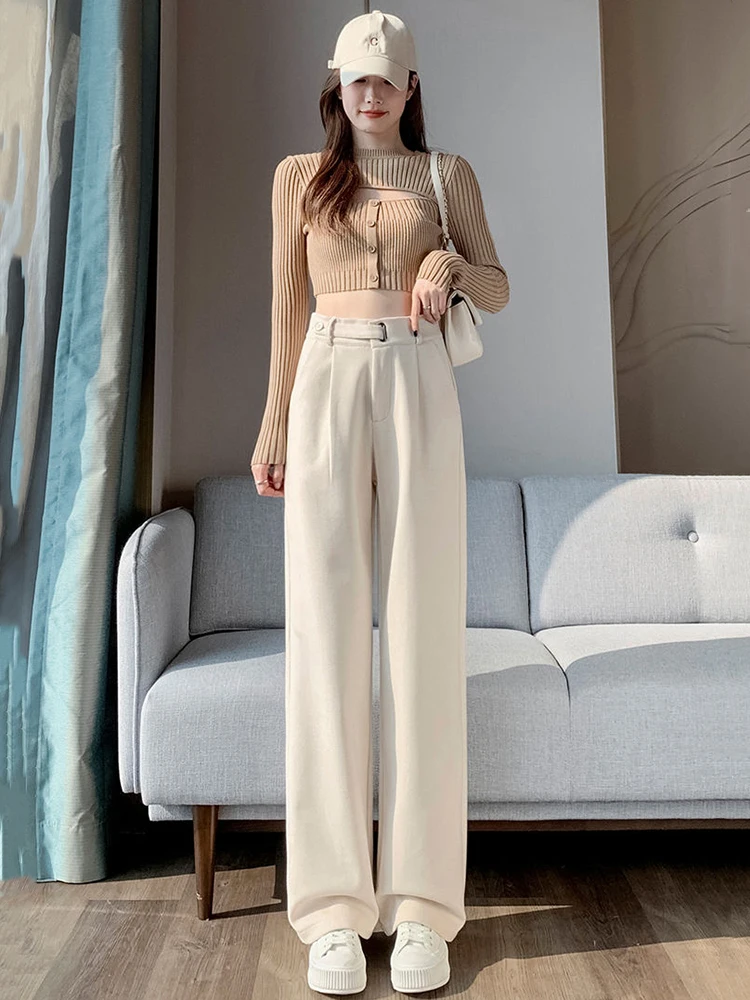 

Fall Winter Woolen Suit Pants Women High Waist Loose Casual Wide-Leg Trousers Y2K Solid Korean Chic Office Lady Straight Pants