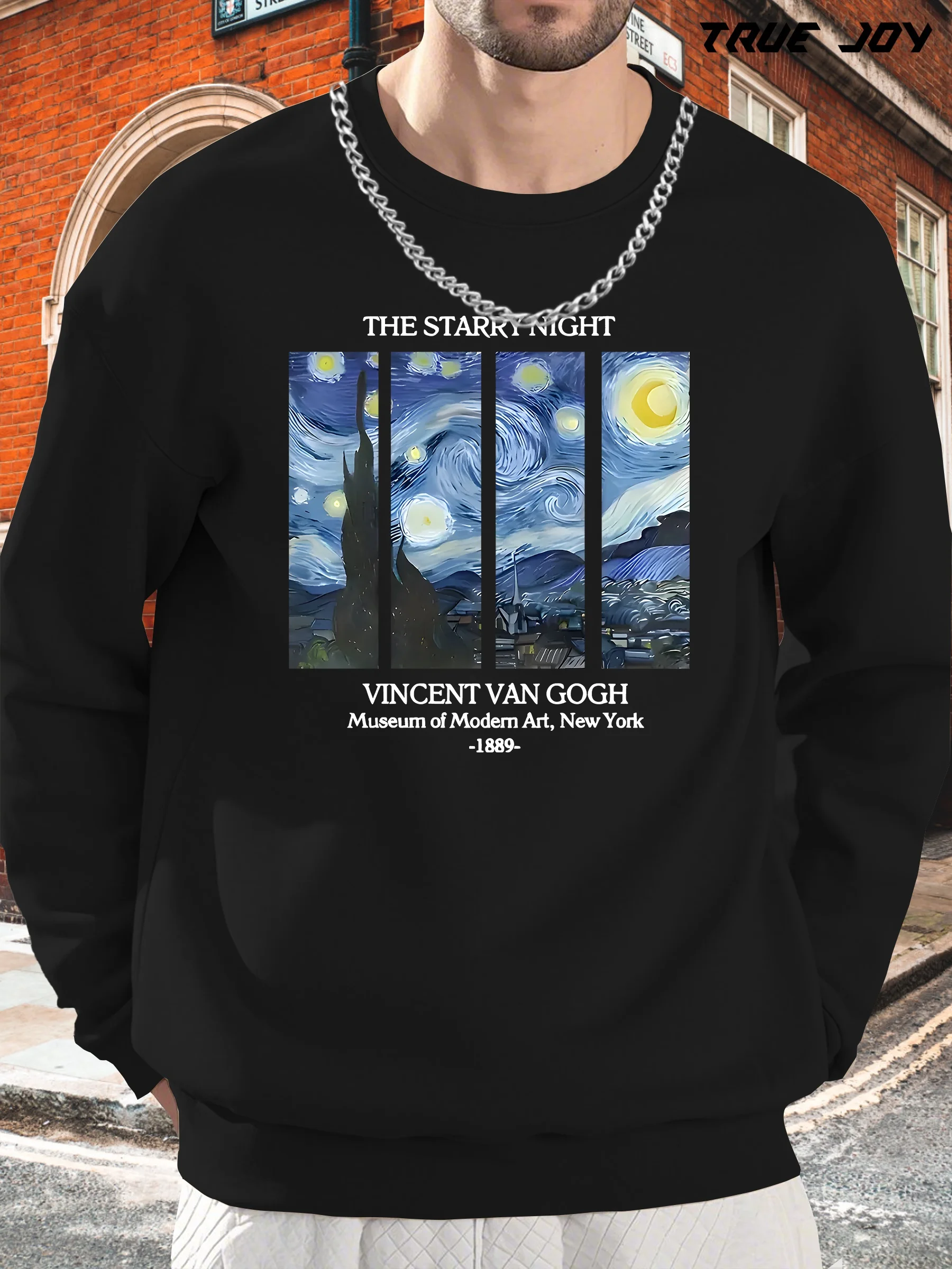 

Мужская зеленая толстовка с рисунком «Звездная ночь» Ван Гога — свободный крой, длинный рукав, круглый вырез для искусства, повседневная и удобная