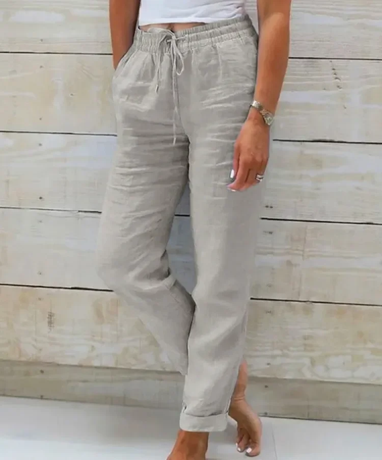 Women High Waist Elastic Waist Solid Cotton Linen Casual Long Straight Pants