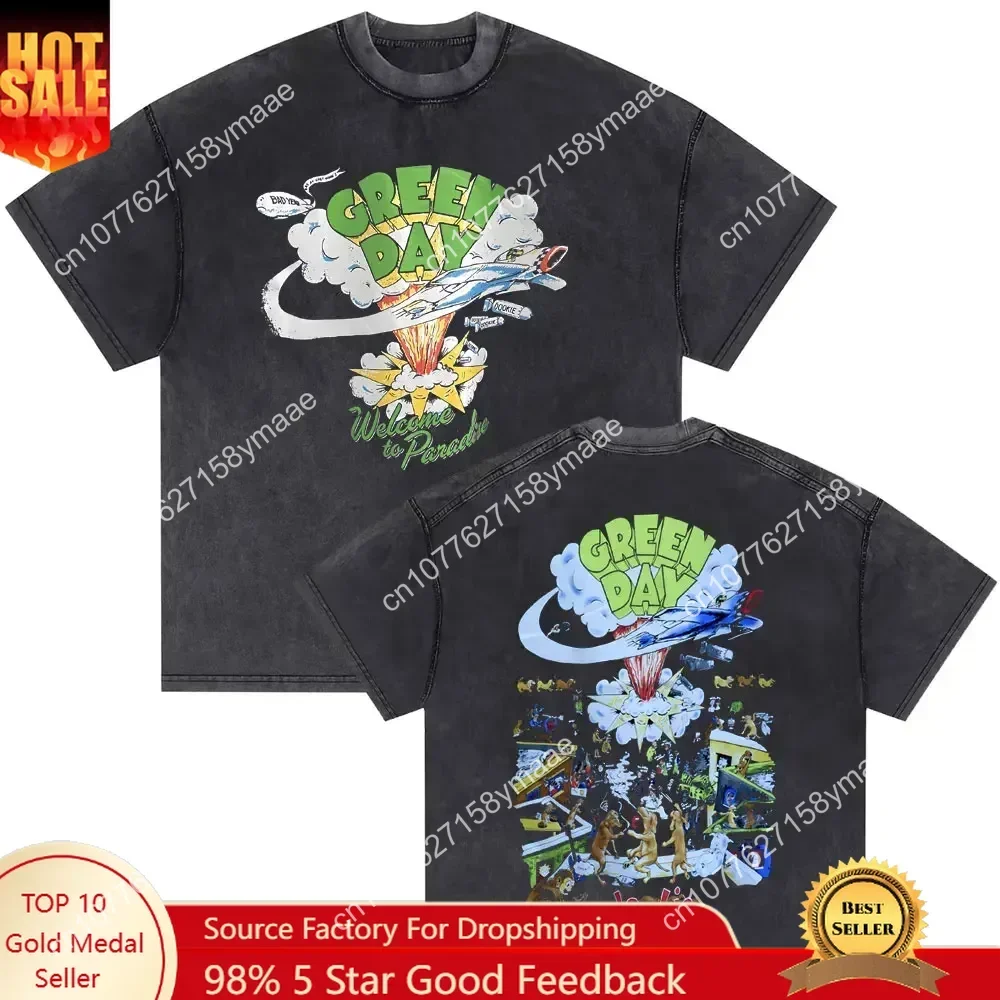 

Summer water wash old style punk band green day uokie graphic T-shirt men and women classic gothic rock T-shirt street clothing