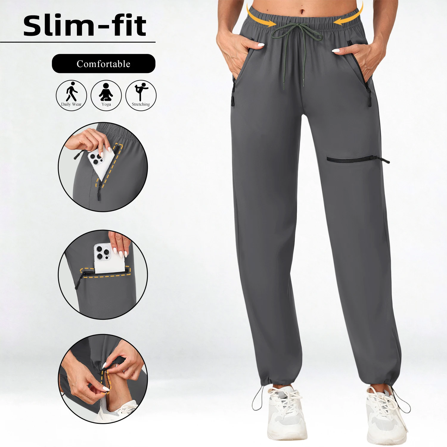 Women's Cargo Hiking Woven Pants Adjustable Drawstring Waist with Multi Utility Pockets Outdoor Pants Cuffed Hem Casual Trousers
