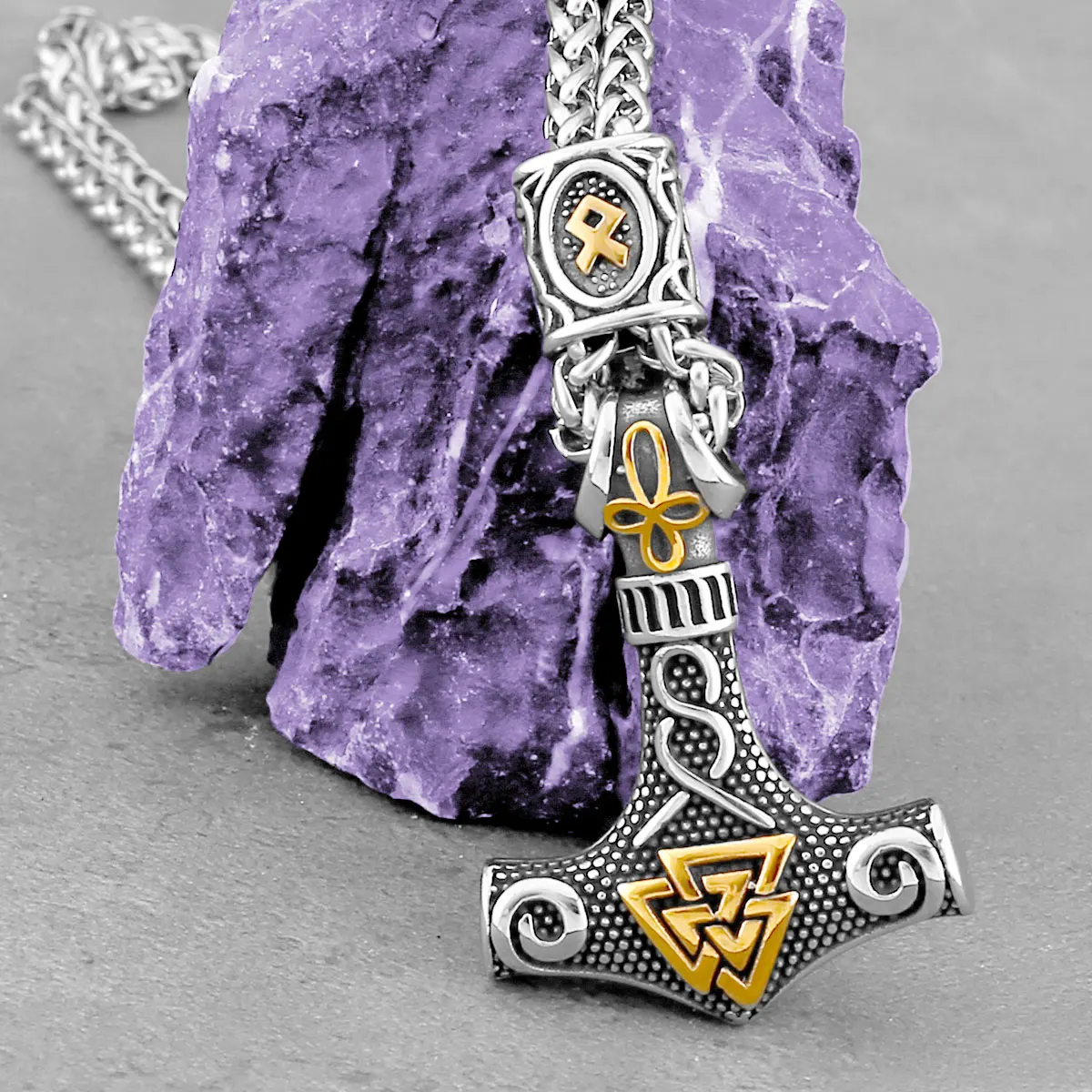 

Nordic Viking Thor's Hammer Amulet Necklace Men's Valknut Rune Stainless Steel Pendant Cool Fashion Jewelry Charm Gift Wholesale