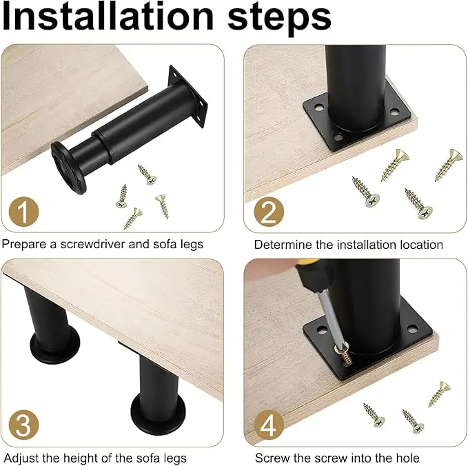 1Pc Black Stainless Steel Adjustable Height Furniture Support Legs,3.8cm~30cm For Bed Frame/Sofa/Cabinet/Couch/Table