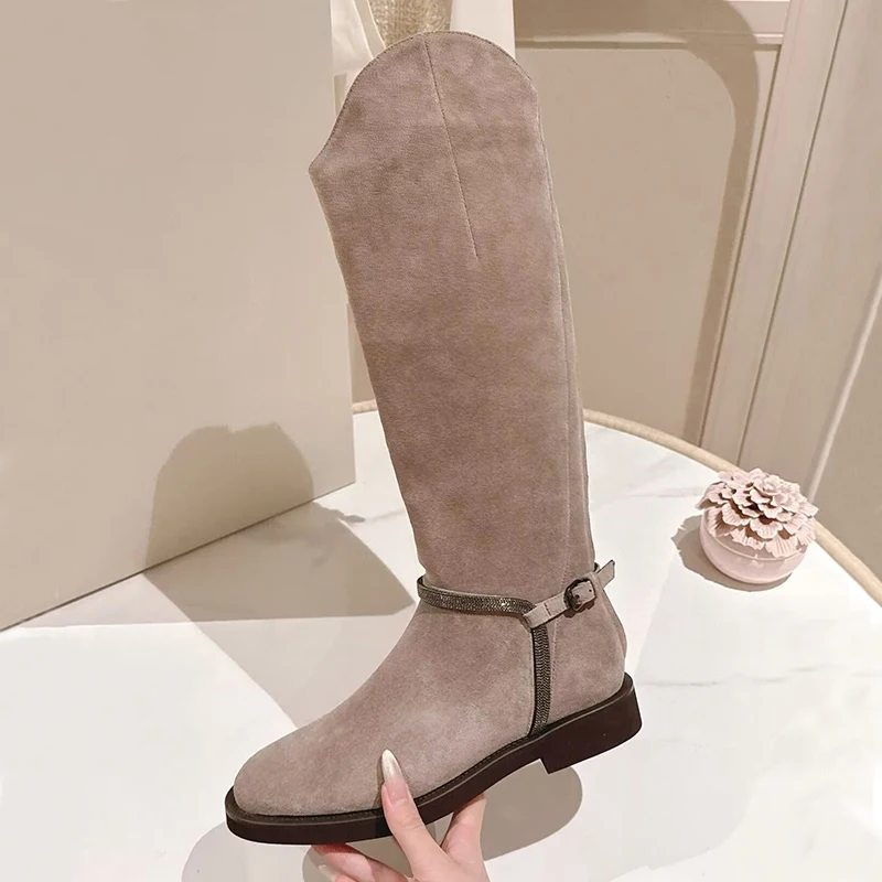 Genuine Leather Flat Bottom Knee High Boots Women String Bead Buckle Decor Long Booties Spring Autumn Zapatos De Mujer 2025