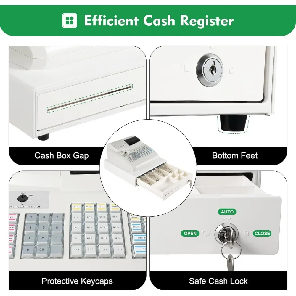 Caja registradora Sistema POS electrónico con 4 facturas, 5 ranuras para monedas, función de informe, bandeja extraíble, 47 teclas, pantalla LED de 6 dígitos