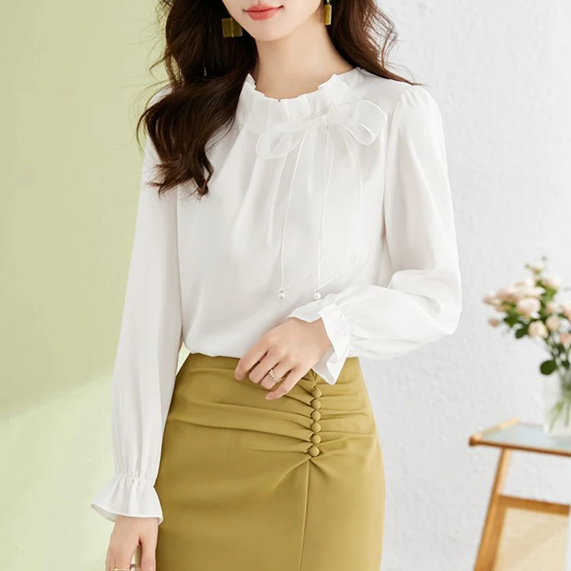 Women Chiffon Shirt Korean Solid Elegant Bow Lace Up Female Blouse Spring New Fashion Flare Long Sleeve Chic Ladies Tops