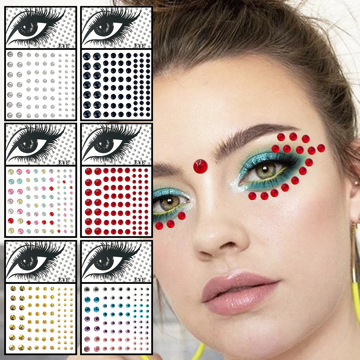 Colorful Face Jewelry For Women Temporary Tattoos Eyes Eyebrow Bindi Dots Gems Makeup Sticker Shiny Pearl Jewels Halloween Rave