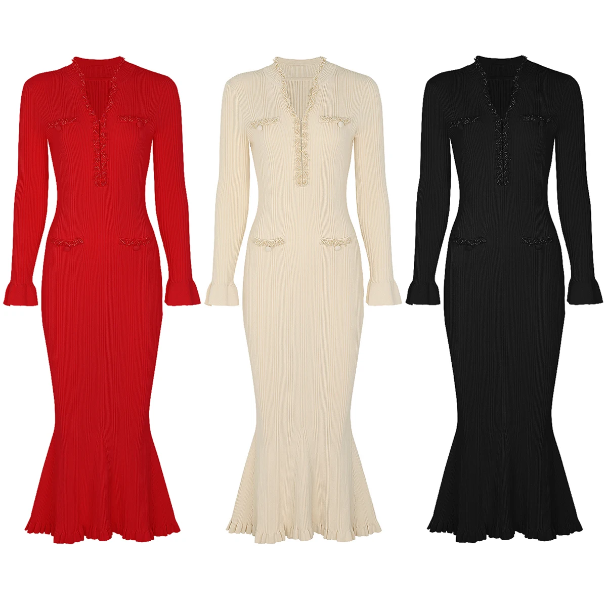 

Трехцветное высококачественное новое модное эластичное трикотажное платье с v-образным вырезом, облегающее женское платье ручной работы из бисера с длинными рукавами