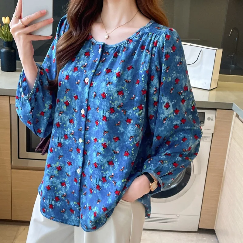 

Muslim Women's Loose plus Size Long Sleeve Printed Chiffon Shirt Autumn New Style Lantern Sleeve Fashionable Islamic Clothing