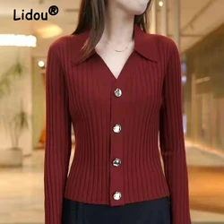 New Autumn Winter Women V Neck Long Sleeve Single Breasted Knitted Cardigan Elegant Korean Fashion Solid Slim Outerwears Sweater