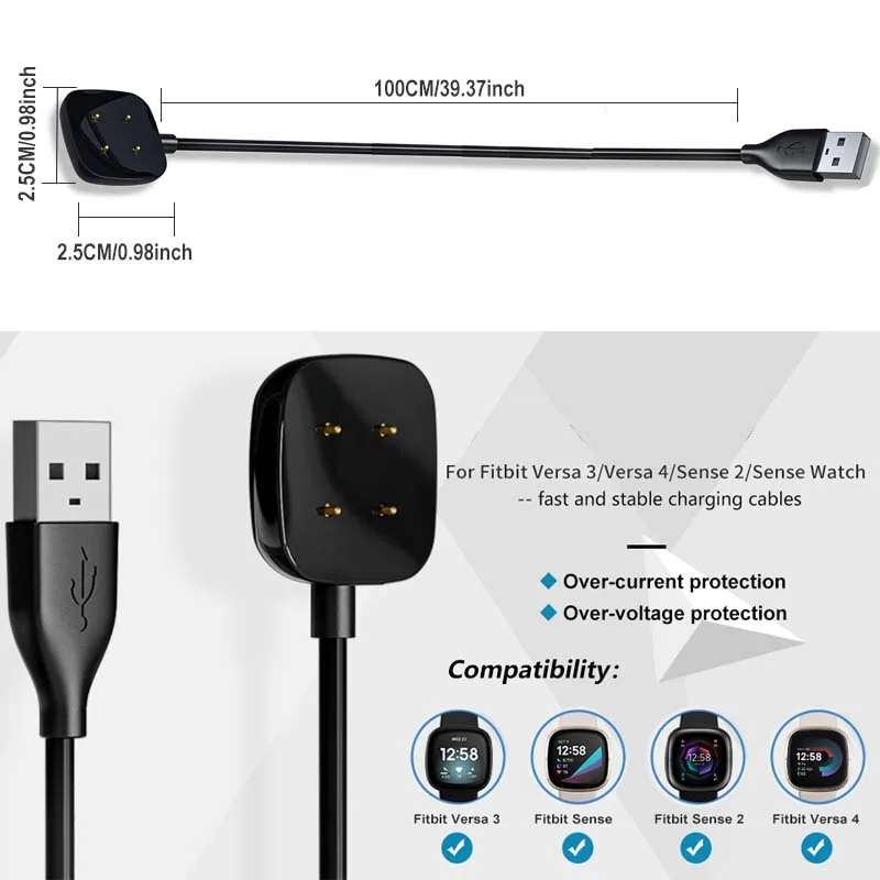 Para fitbit versa4/3 cabo de carregamento de substituição com suporte de doca usb magnético, compatível com fitbit sense2, cabo de carregamento usb