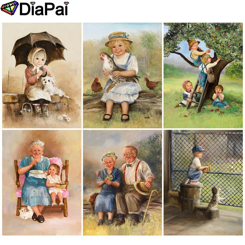 

DIAPAI 5D DIY Diamond Painting 100% Full Square/Round Drill "Old man child oil painting" 3D Embroidery Cross Stitch Home Decor