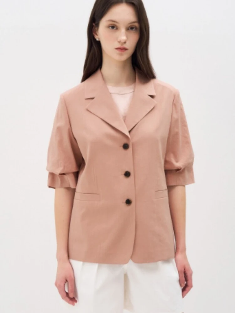 

Summer New Style Korean Simple Fashion Turn-down Collar Pleated Commute Match All Single Button Half Sleeve Suit Jacket