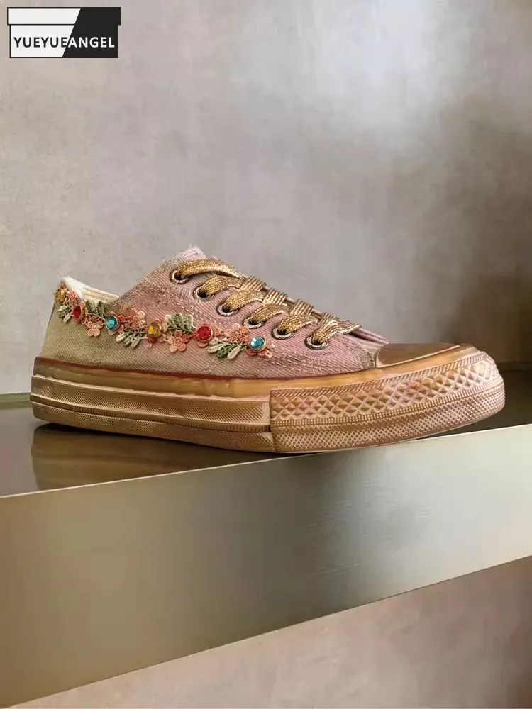 

Vintage Design Women Gradient Color Diamonds Embroidery Low Cut Canvas Shoes Lace Up Round Toe Spring Casual Pumps Walking Shoes