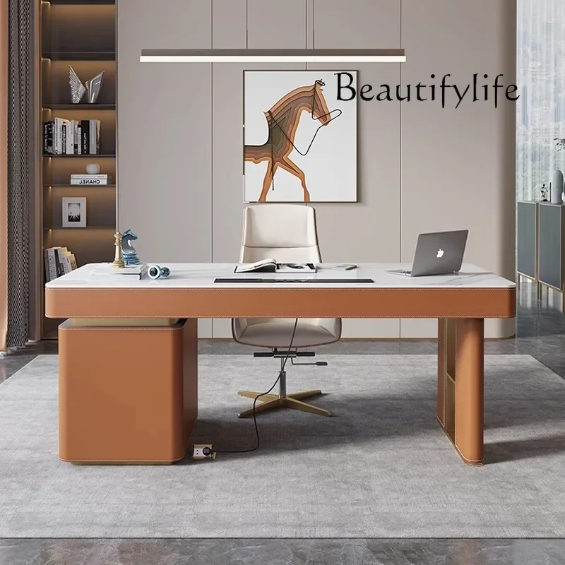 مكتب LJ Light مصنوع من الجلد الفاخر بتصميم بسيط وحديث ومكتب راقي للكمبيوتر ومكتب كتابة من بلاطة الصخور