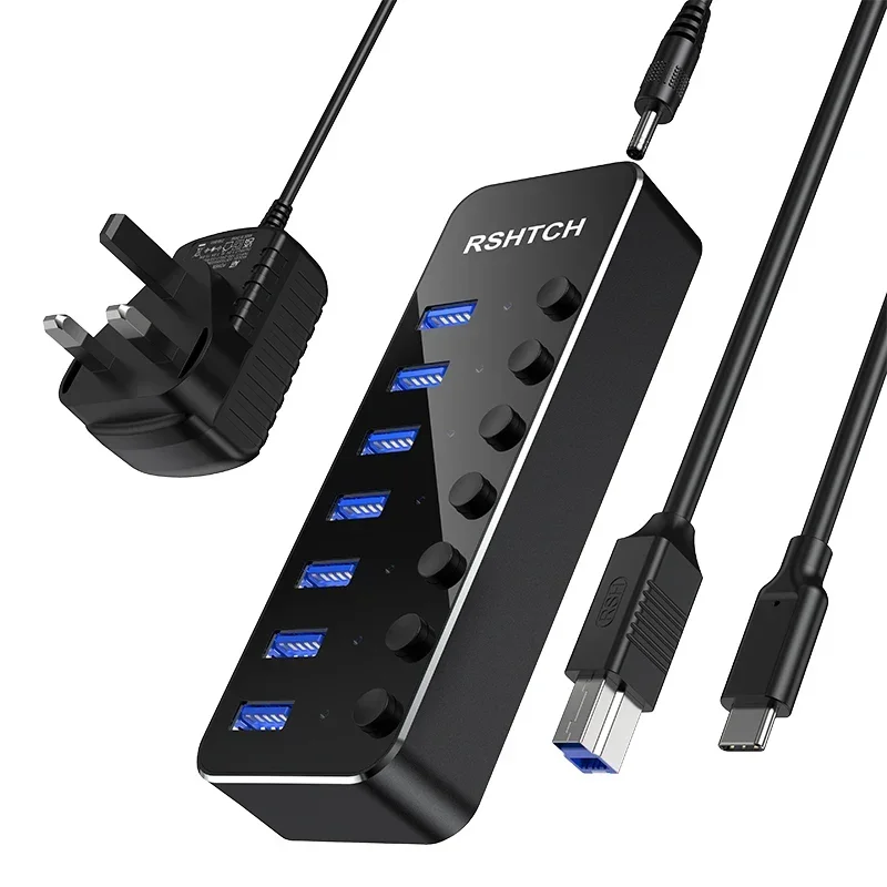RSHTECH 7-Port USB 3.0 Hub Aluminium 5 Gbit/s Datenübertragungssplitter mit einzelnen Ein-/Ausschaltern und 5 V/2 A Adapter