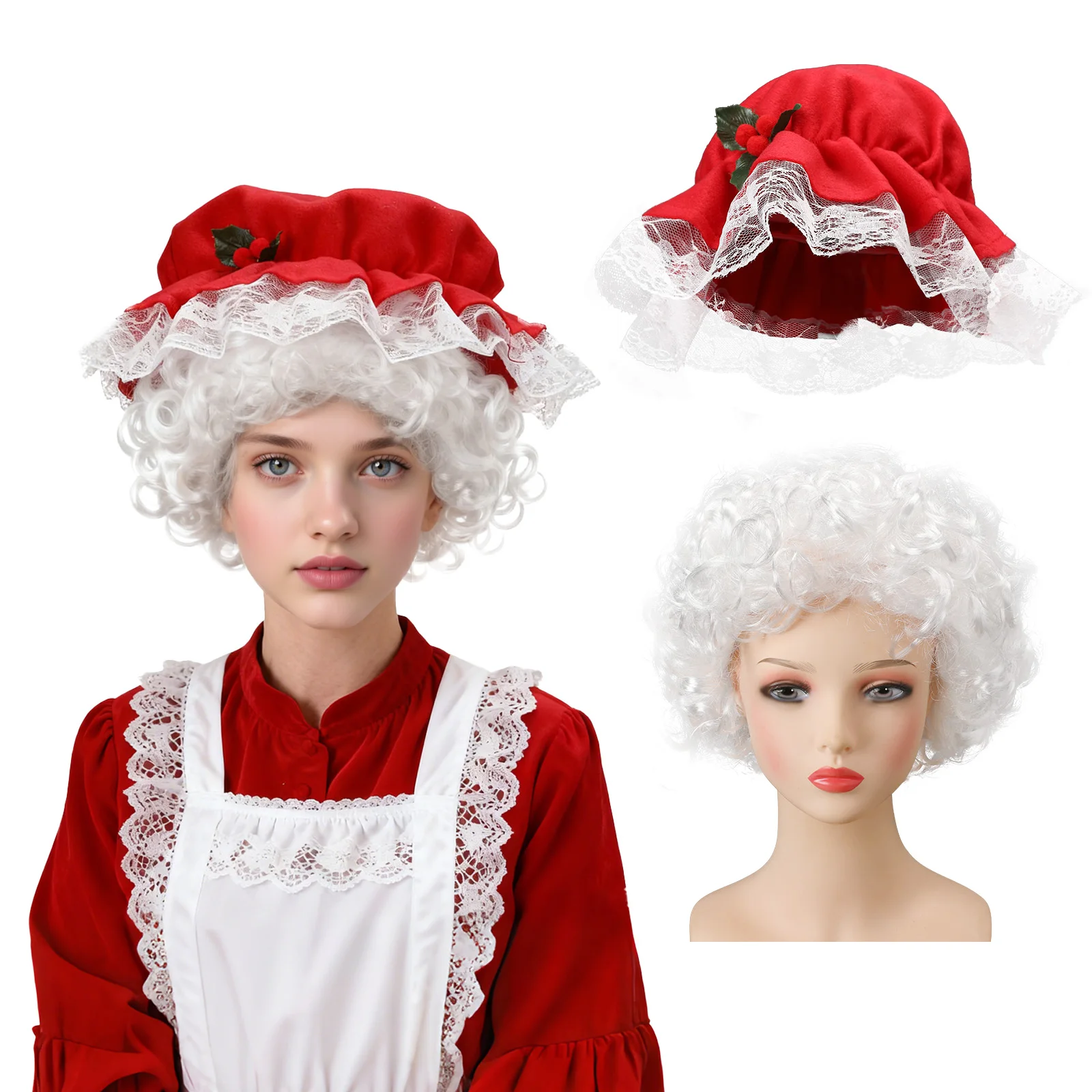 

Christmas Women Mrs. Claus Hat Santa Claus Bonnet Red Cap With Wig for Adult Xmas Holiday Party Outfit Costume Props