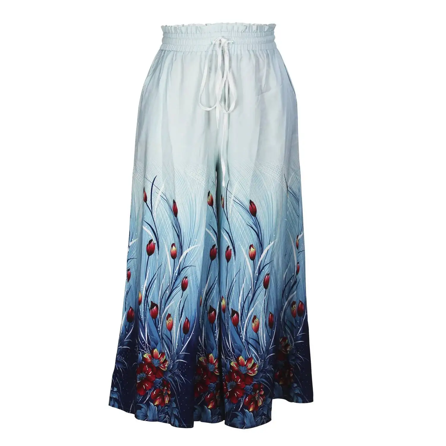 

Women's Spring/summer New Product Elegant Wind Blue Red Flower Printed Large Casual Pants