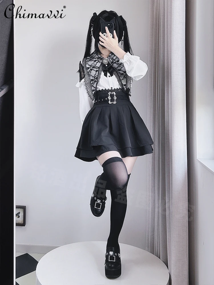 Japanese Mine Series Mass-produced Red and White Shirt Autumn Women's Organ Pleated Long-sleeved Lolita Shirt Strap Skirt Set