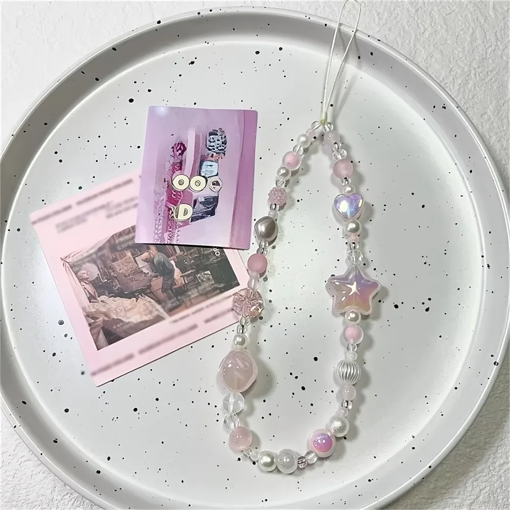 Korean Sweet Cute Pink Star Heart Beaded Phone Chain Charm Lanyard For iPhone Samsung Universal Anti-Loss Hanging Rope Jewelry