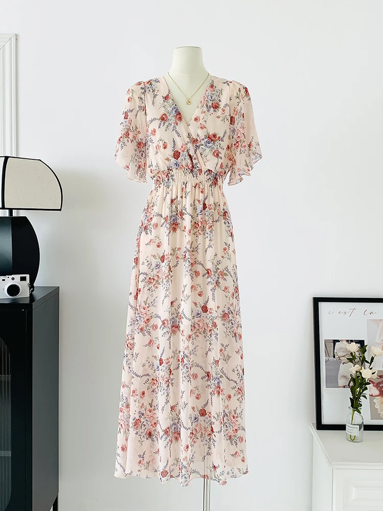 2025 여름 짧은 소매 캐주얼 드레스 여성 탄성 허리 Pleated Backless 인쇄 쉬폰 드레스 여성 미디 드레스 Vestidos