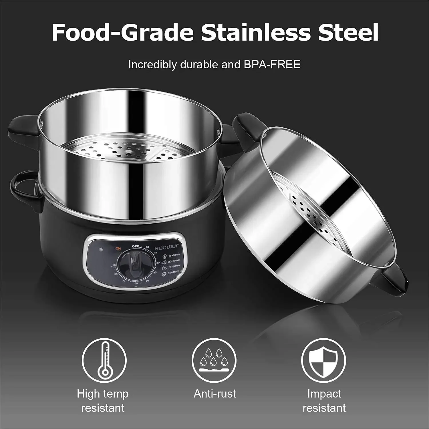 Steel Food Steamer 8.5 Qt Electric Glass Lid Vegetable Steamer Double Tiered Stackable Baskets with Timer